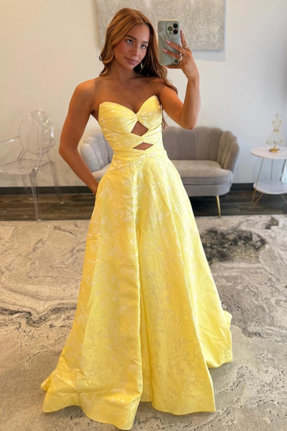 Yellow Sweetheart Jacquard Prom Dress With Front Cutout Detail Formal Evening Gown