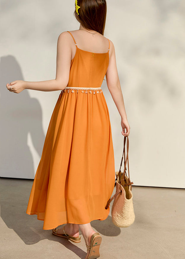 Elegant Yellow Tasseled Chiffon Spaghetti Strap Dress Summer