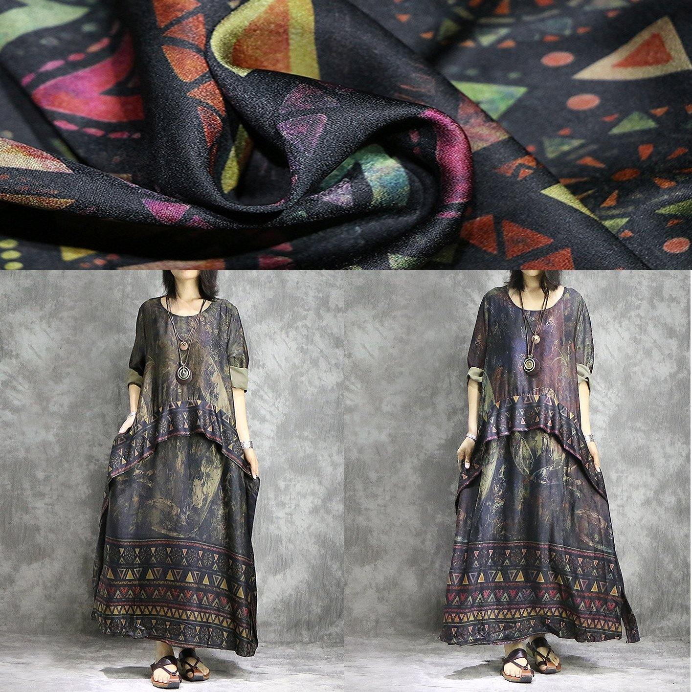 Elegant patchwork Chiffon clothes Mom Neckline khaki Traveling Dresses summer