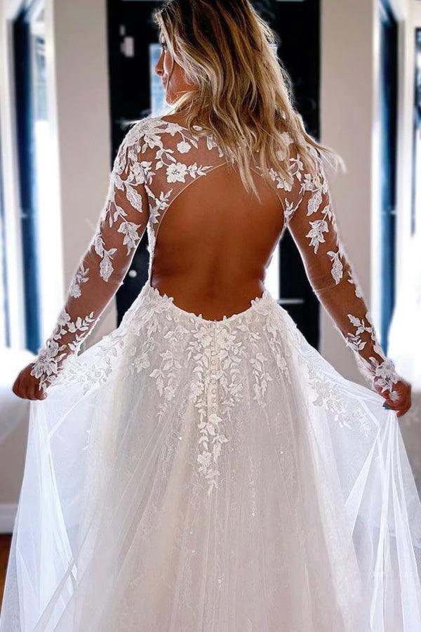 Elegant A-line V Neck Lace Long Sleeves Wedding Dresses (ZD16216)