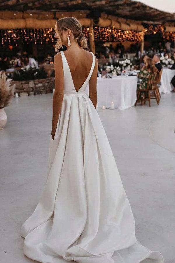 Elegant  A-line Satin V-neckline Sweep Train Wedding Dresses (ZD16234)