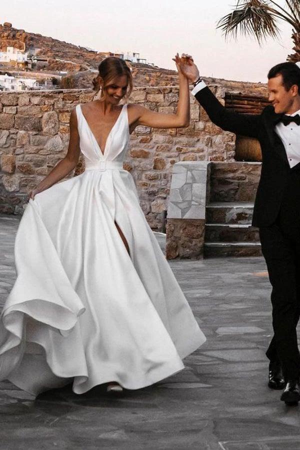 Elegant  A-line Satin V-neckline Sweep Train Wedding Dresses (ZD16234)