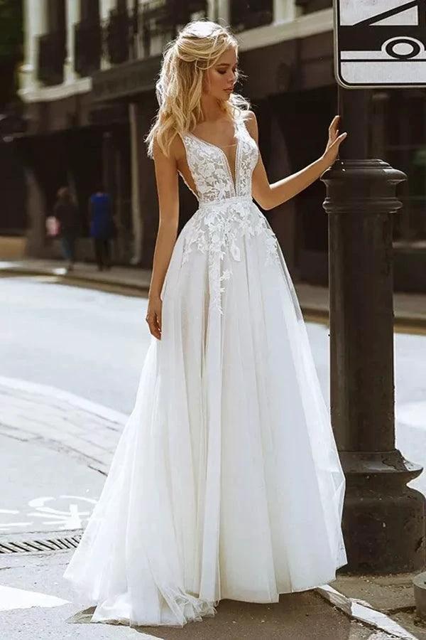 Elegant A-line V Neck Lace Beach Wedding Dresses Bridal Gown (ZD16196) - VelvetHem