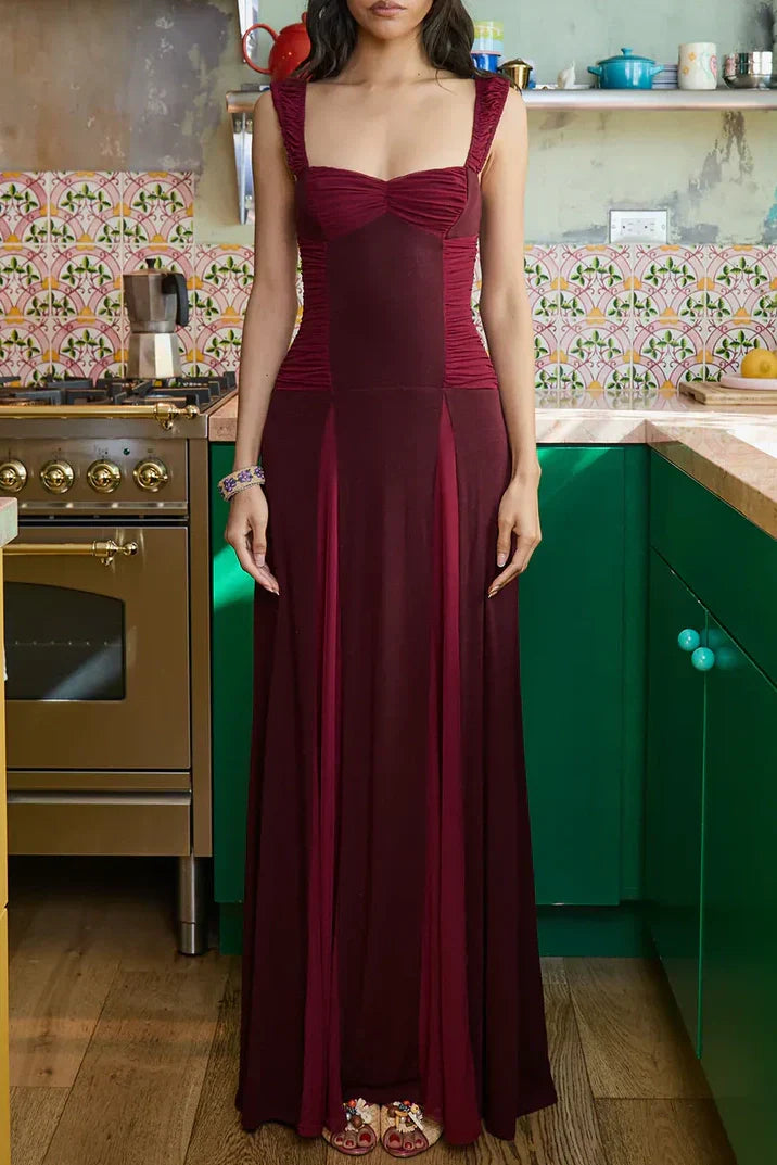 Elegant A Line Square Neck Burgundy Long Prom Dress with Ruffles