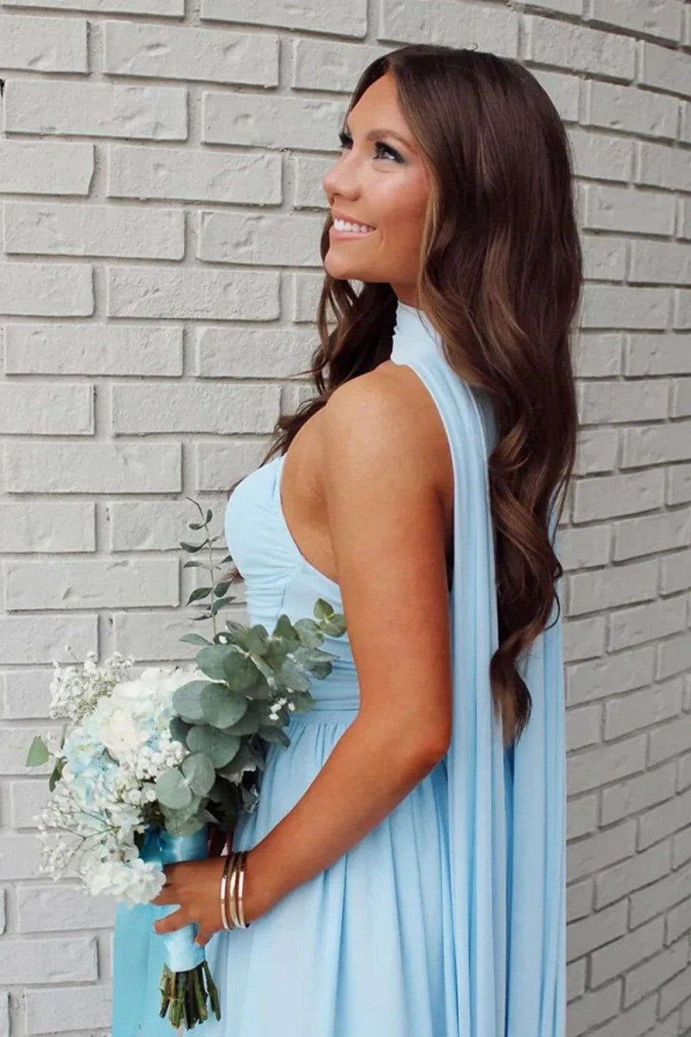 Elegant A Line Strapless Light Blue Long Prom Dress with Scarf - View 4 | VelvetHem