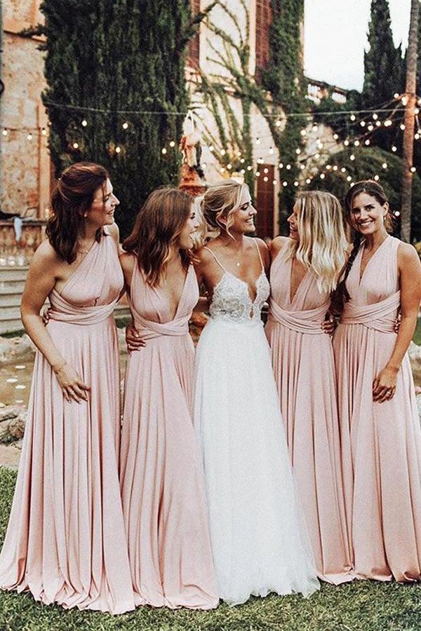 Elegant A Line V Neck Elastic Satin Pink Pleats Long Bridesmaid Dresses (ZD13257) - VelvetHem