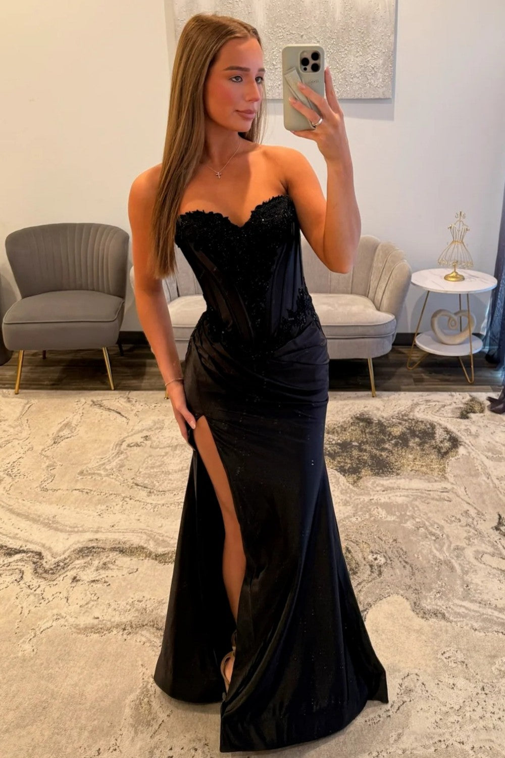 Hot Mermaid Sweetheart Black Corset Prom Dress with Appliques Slit