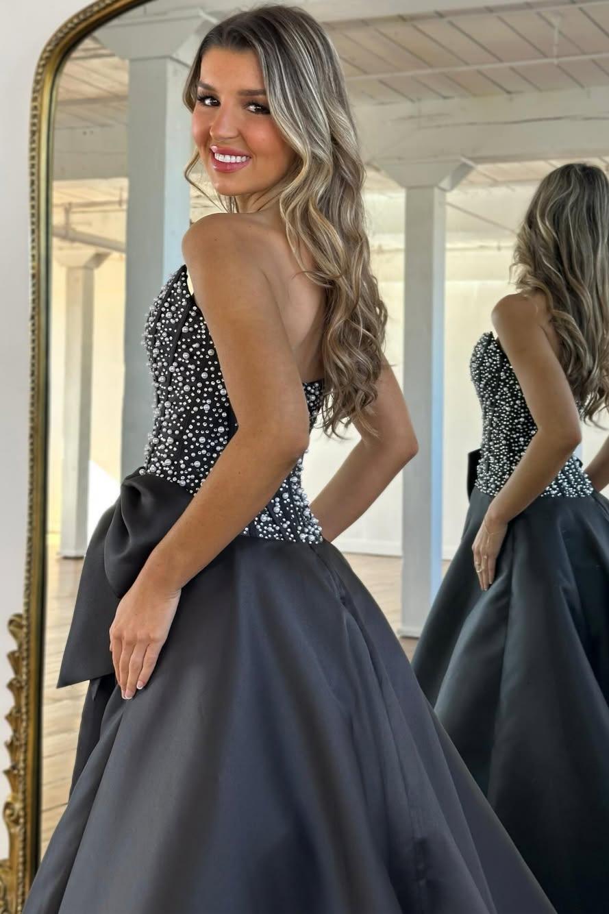 Charming A Line Strapless Yellow Satin Prom Dress with Beading Bowknot - View 6 | VelvetHem