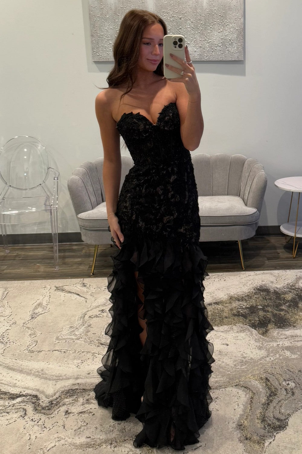 Gorgeous Mermaid Sweetheart Black Long Prom Dress with Appliques Ruffles