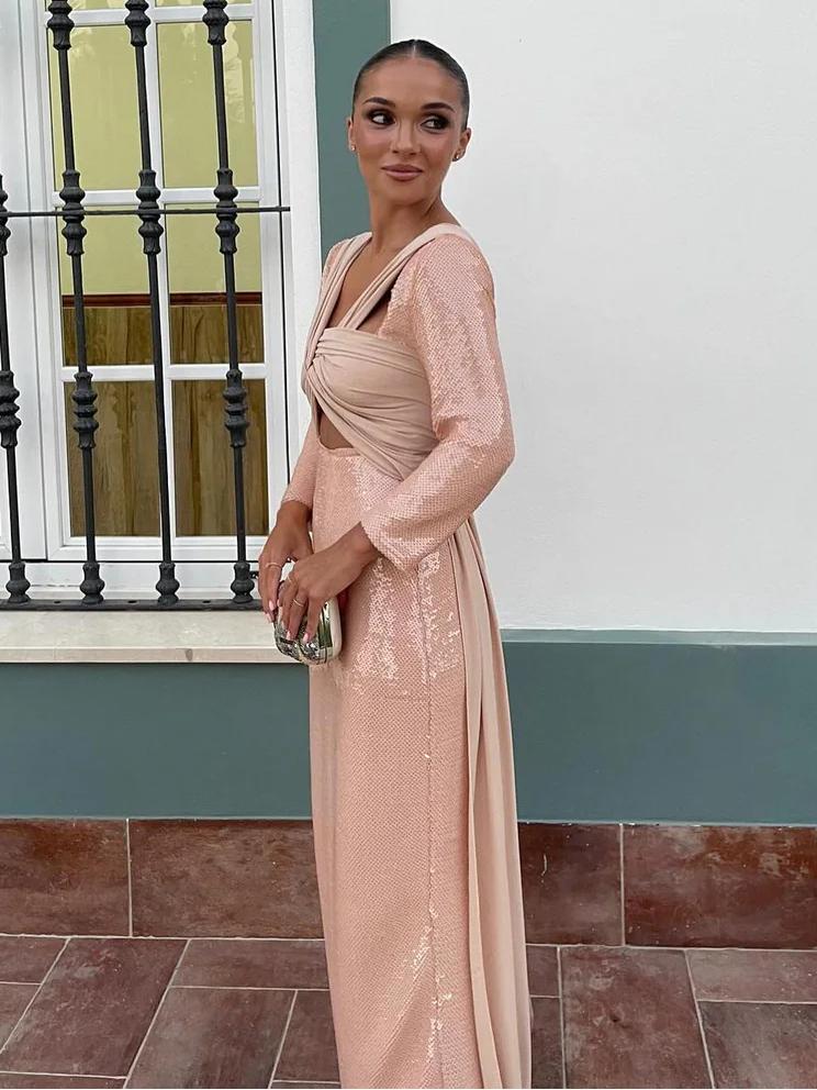 Elegant Blush Pink Sequin Cut Out Maxi Dress