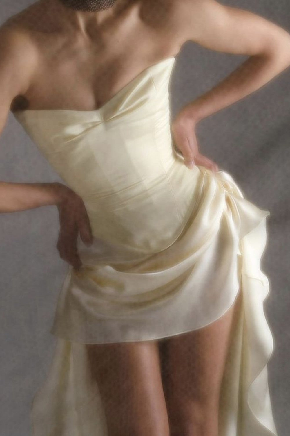 Elegant Ivory Satin Homecoming Dress with Sculpted Waist and High-Low Hem
