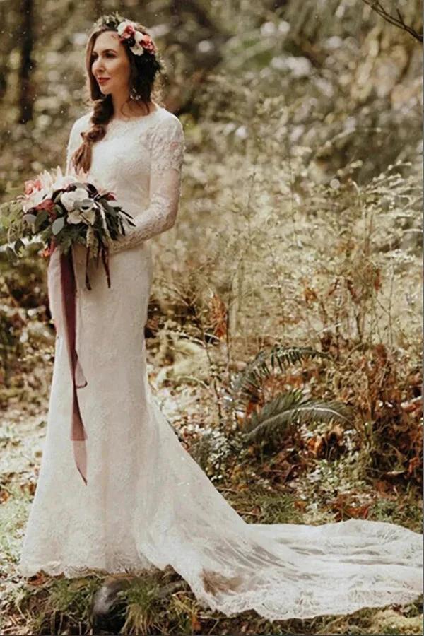 Elegant Lace Mermaid Round Neck Long Sleeves Wedding Dresses (ZD16177)