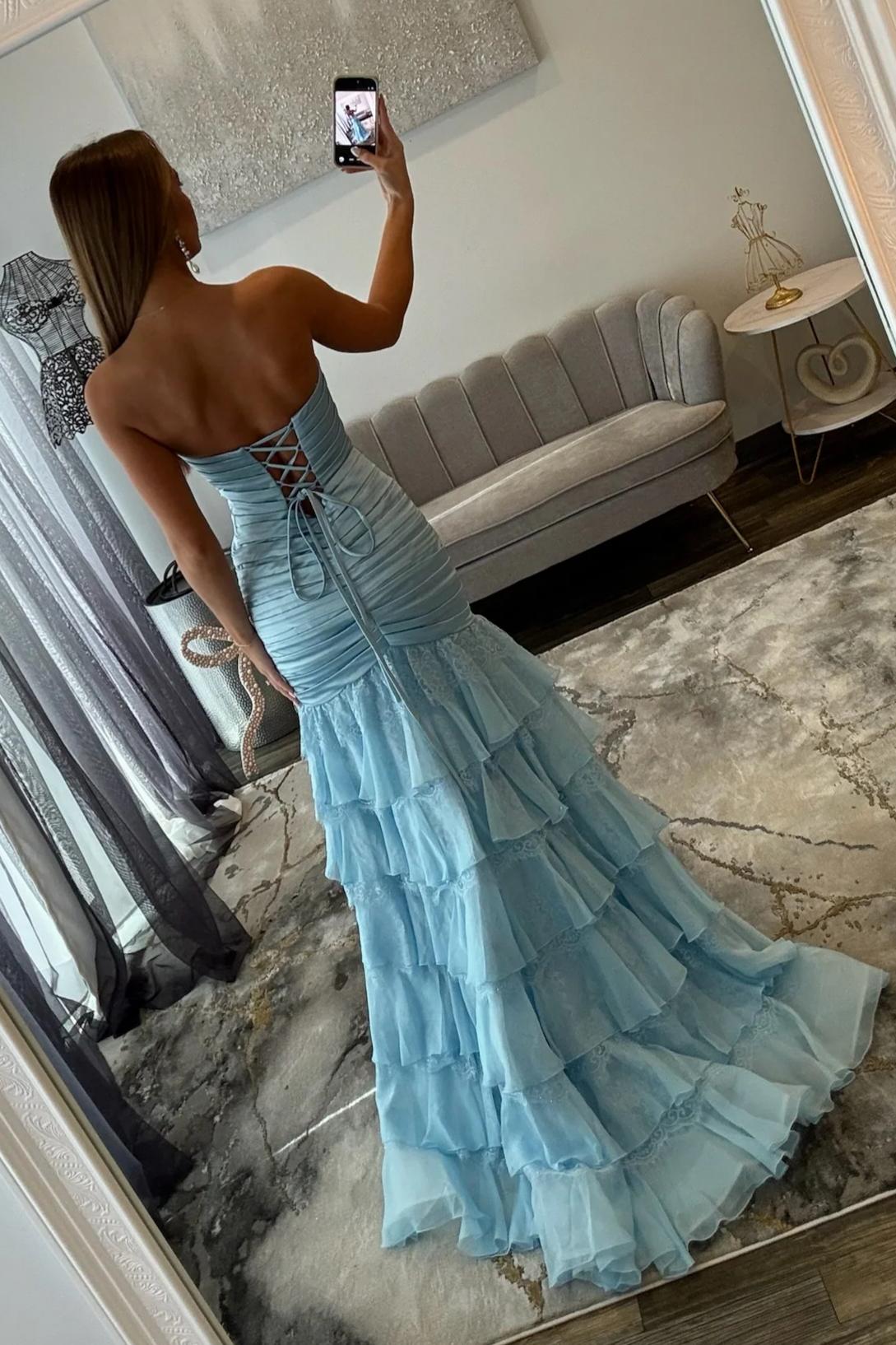 Charming Mermaid Sweetheart Light Blue Prom Gown with Ruffles - View 3 | VelvetHem