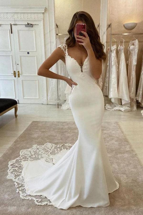 Elegant Mermaid Cap Sleeve V Neck Satin Wedding Dress With Lace Appliques (ZD16217) - VelvetHem