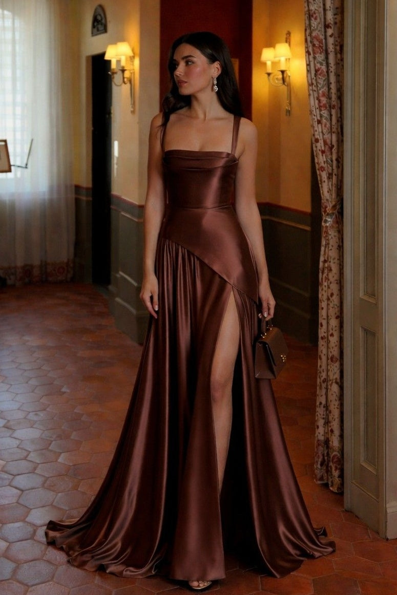 Elegant Mermaid Spaghetti Straps Dark Brown Long Prom Dress with Ruffles