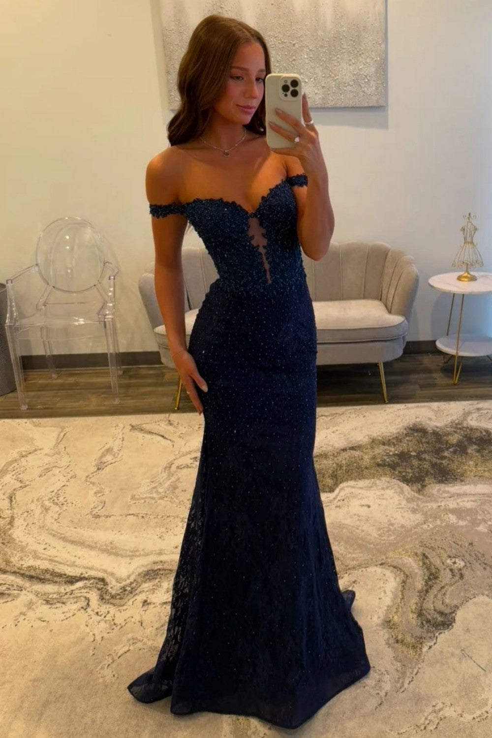 Stunning Mermaid Off the Shoulder Navy Long Prom Dress with Appliques Beading