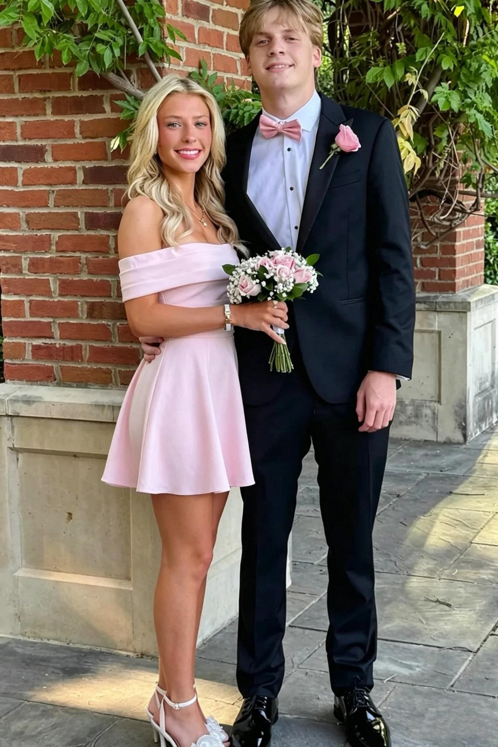 Pretty A Line Off the Shoulder Light Pink Short Homecoming Dress with Ruffles