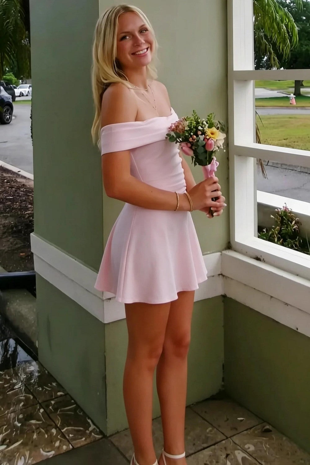 Pretty A Line Off the Shoulder Light Pink Short Homecoming Dress with Ruffles