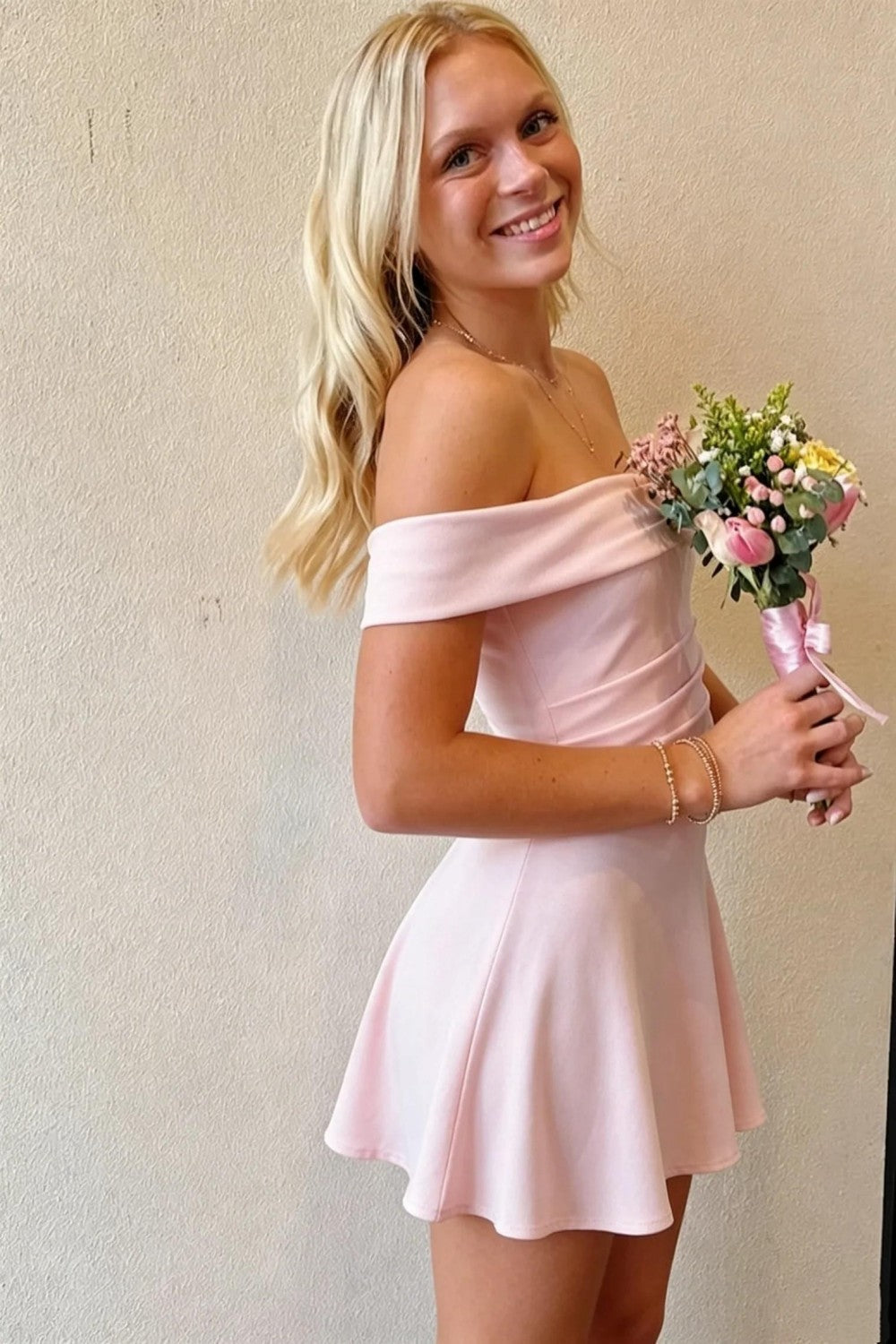 Pretty A Line Off the Shoulder Light Pink Short Homecoming Dress with Ruffles