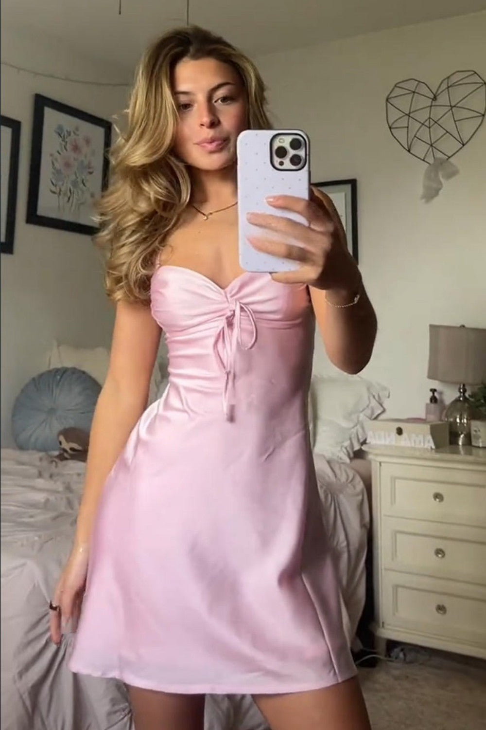 Elegant Pink Satin Strapless Homecoming Dress with Bow Front Mini Dress