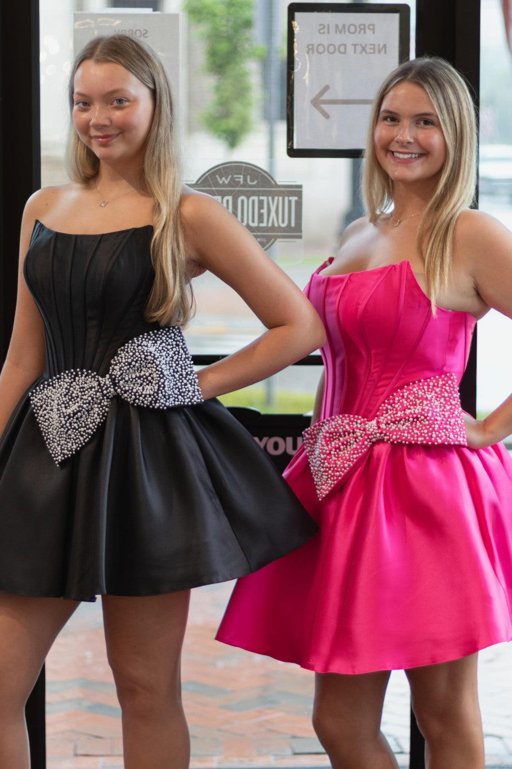 Elegant Satin Homecoming Dress with Pearl Beaded Bow and Flared Skirt