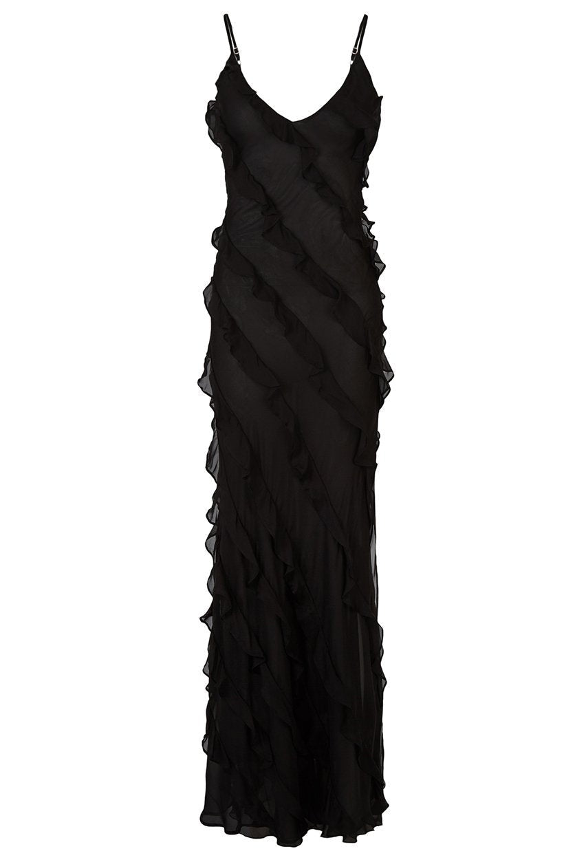 Elegant Sheath Spaghetti Straps Black Long Prom Dress with Ruffles - View 3 | VelvetHem