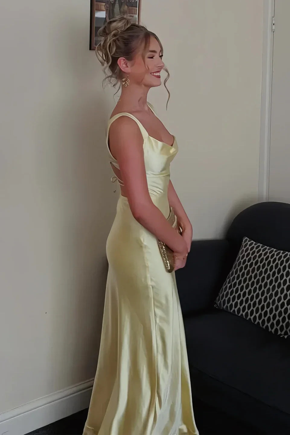 Elegant Sheath Square Neck Yellow Long Prom Dress with Criss Cross Back