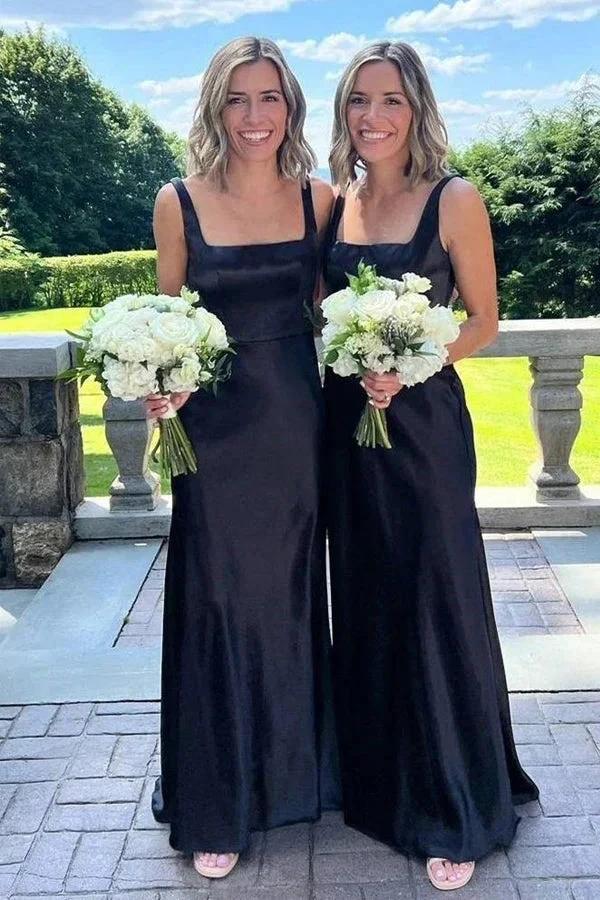 Elegant Square Neck Long Black Bridesmaid Dress BD128 by pgmdress