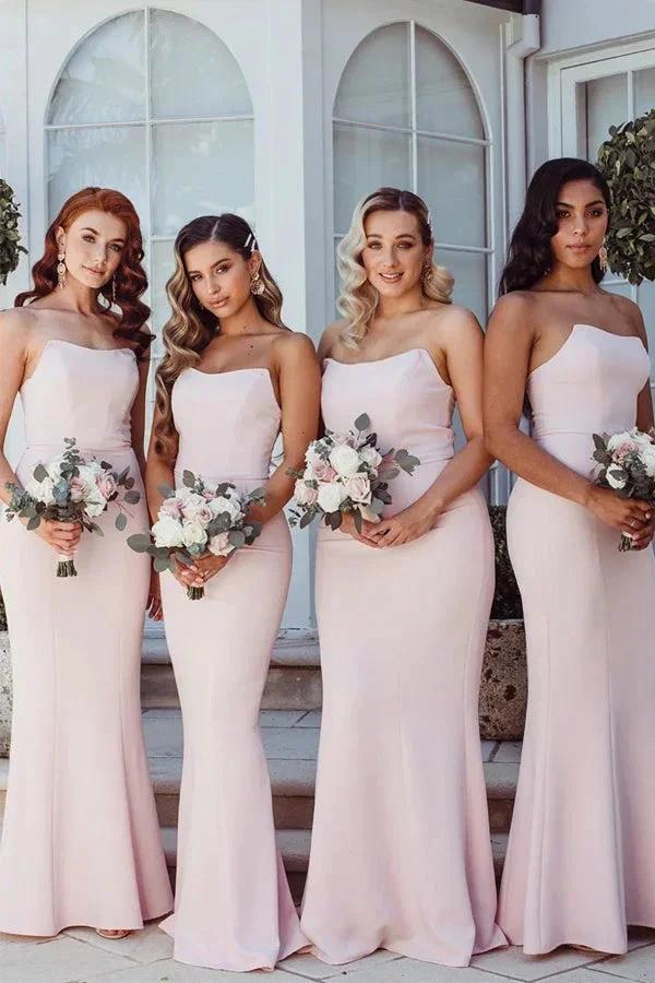 Elegant Strapless Mermaid Floor-Length Pink Bridesmaid Dress (ZD12825) - VelvetHem