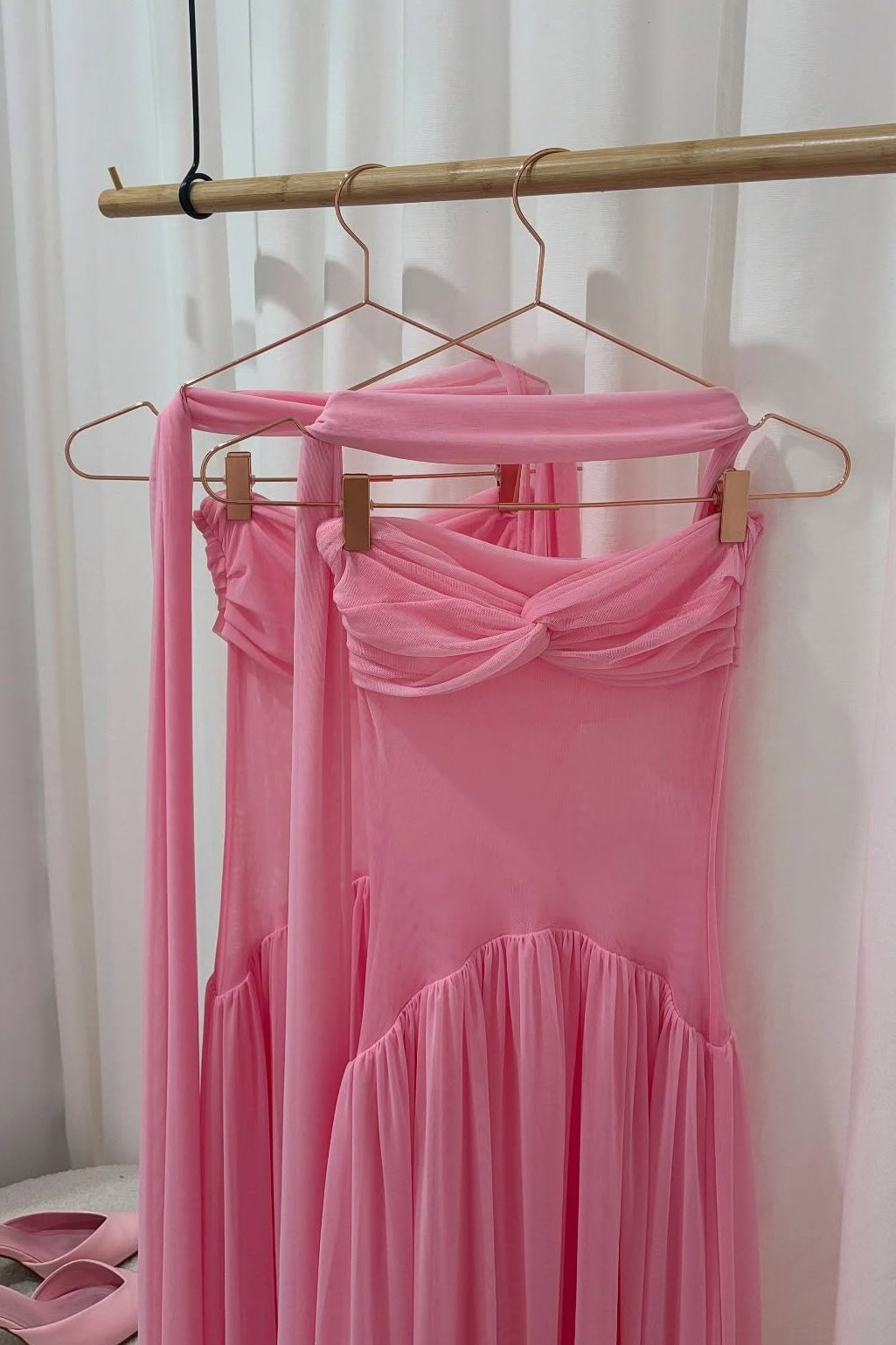 Elegant A Line Sweetheart Pink Long Party Dress with Ruffles Scarf - View 9 | VelvetHem