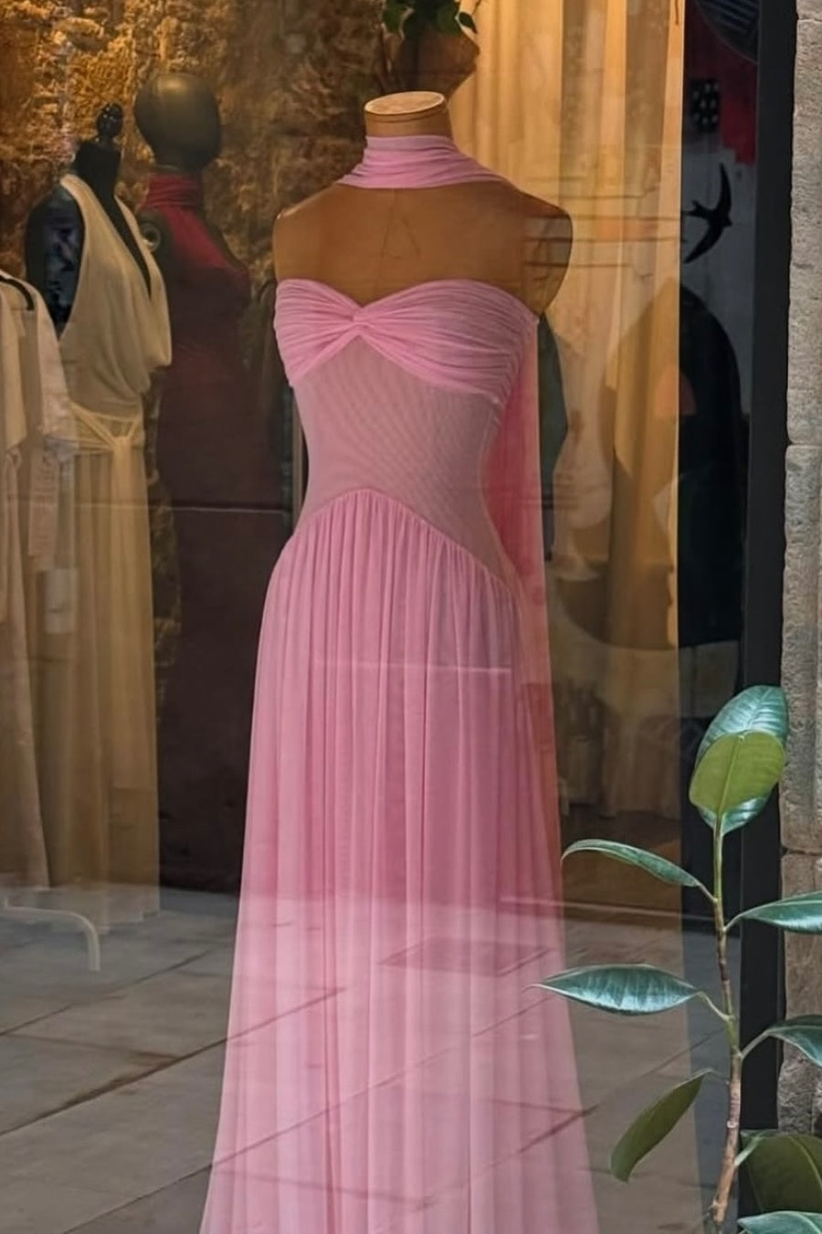 Elegant A Line Sweetheart Pink Long Party Dress with Ruffles Scarf - View 3 | VelvetHem