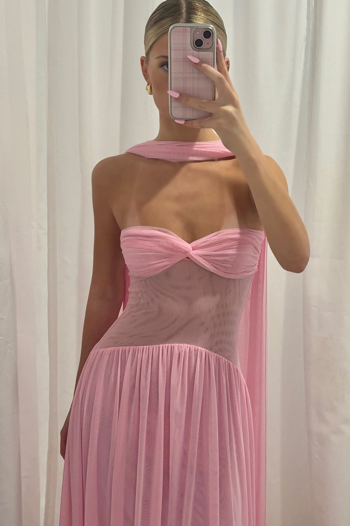 Elegant A Line Sweetheart Pink Long Party Dress with Ruffles Scarf - View 6 | VelvetHem