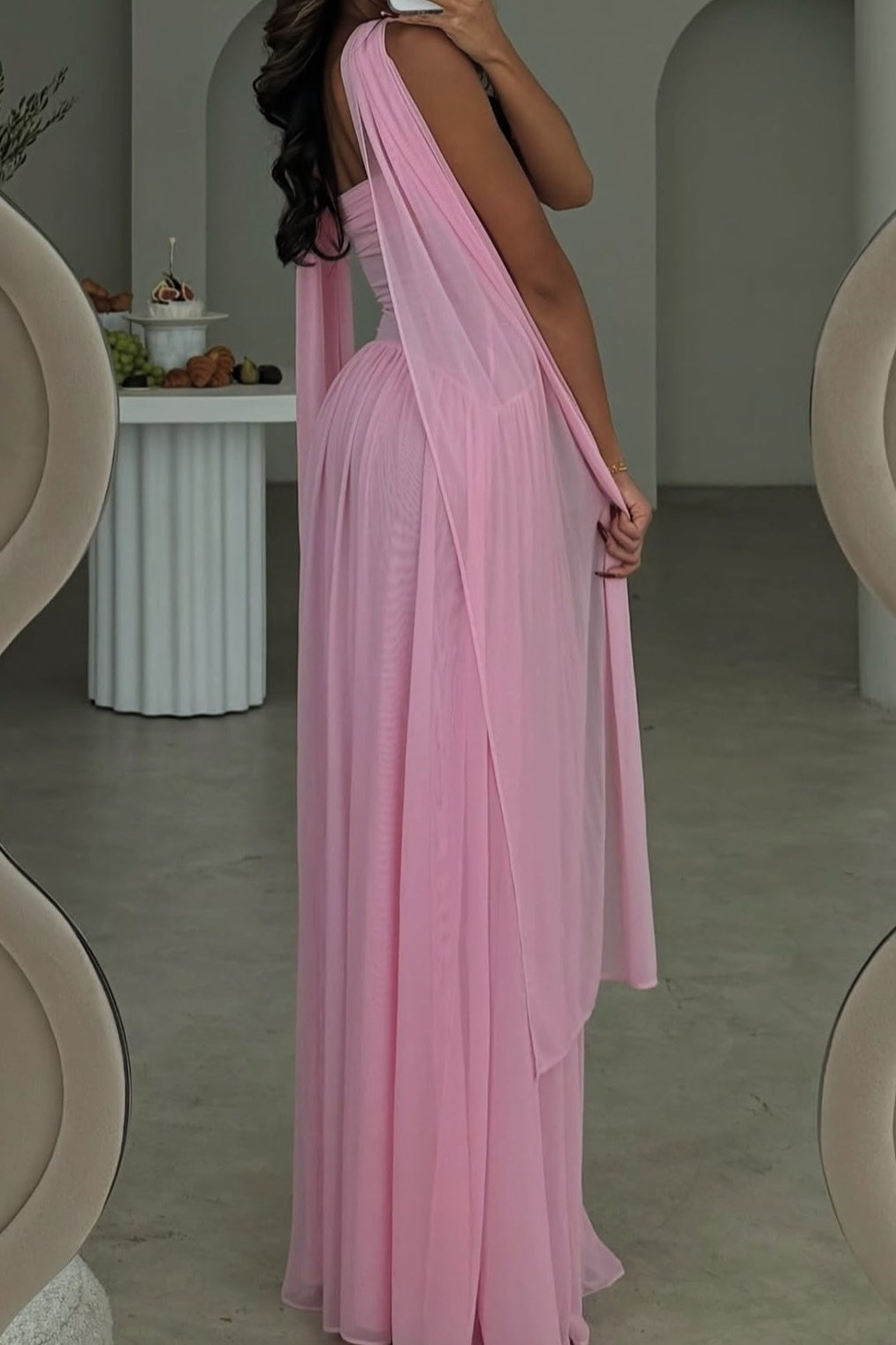 Elegant A Line Sweetheart Pink Long Party Dress with Ruffles Scarf - View 7 | VelvetHem