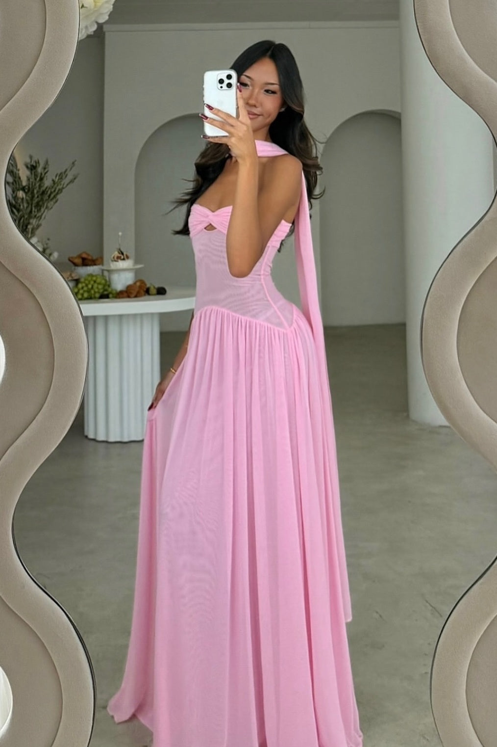 Elegant A Line Sweetheart Pink Long Party Dress with Ruffles Scarf - View 4 | VelvetHem
