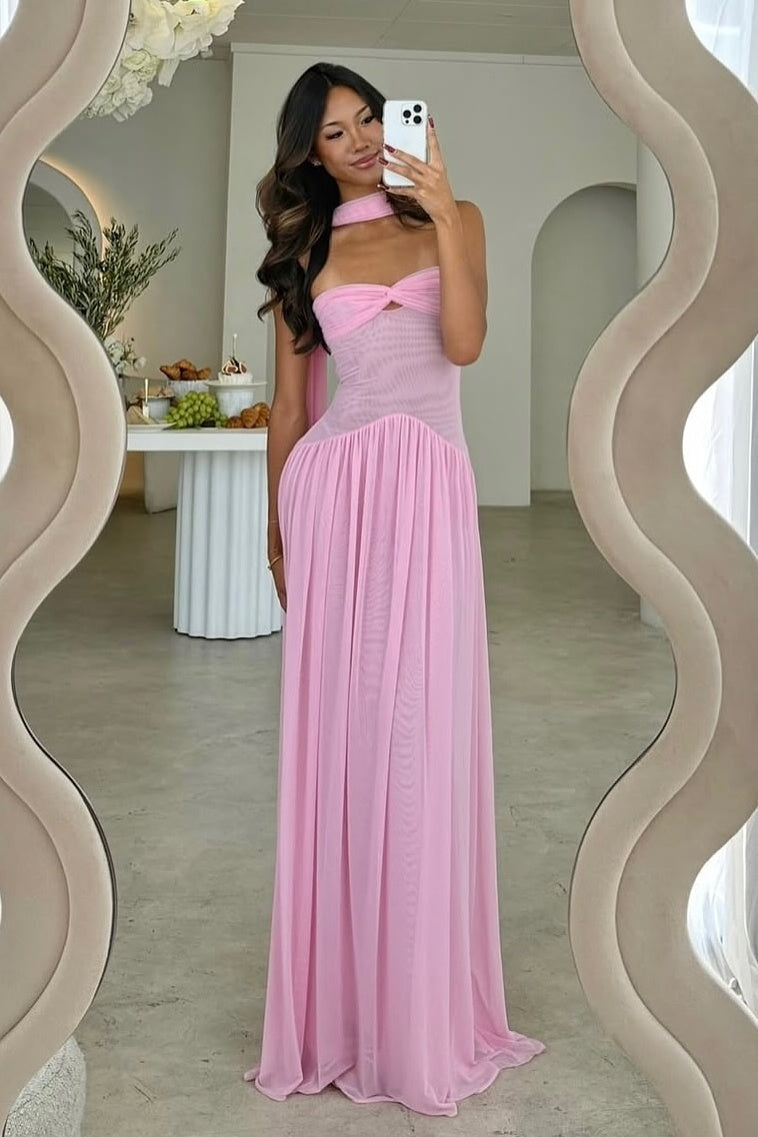 Elegant A Line Sweetheart Pink Long Party Dress with Ruffles Scarf - View 5 | VelvetHem