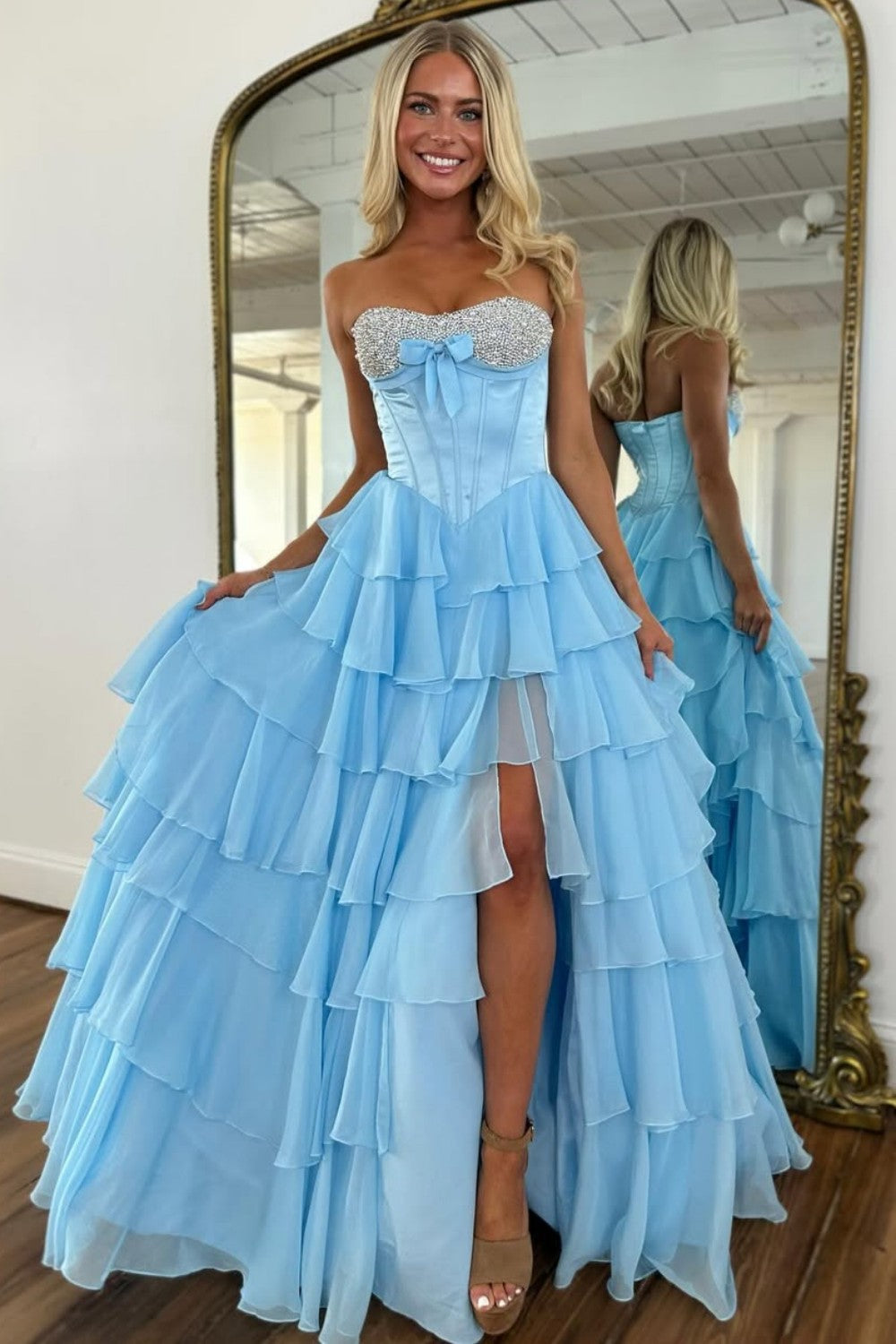 Princess A Line Sweetheart Pink Corset Prom Dress with Beading Ruffles - View 7 | VelvetHem