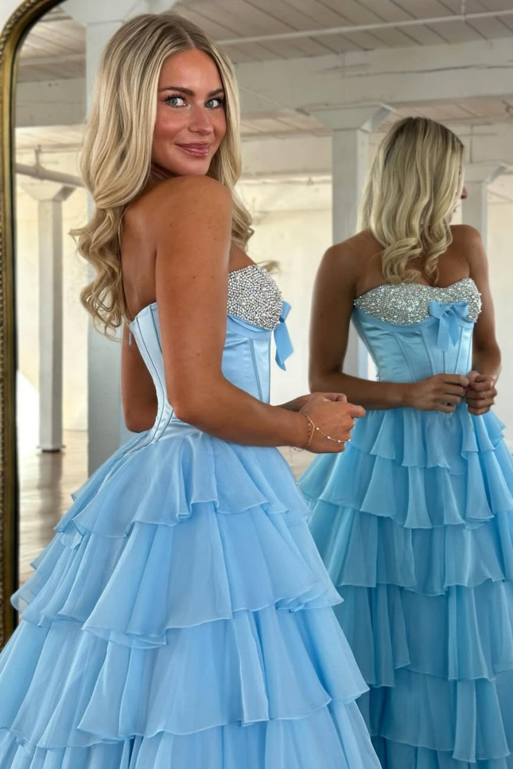 Princess A Line Sweetheart Pink Corset Prom Dress with Beading Ruffles - View 9 | VelvetHem
