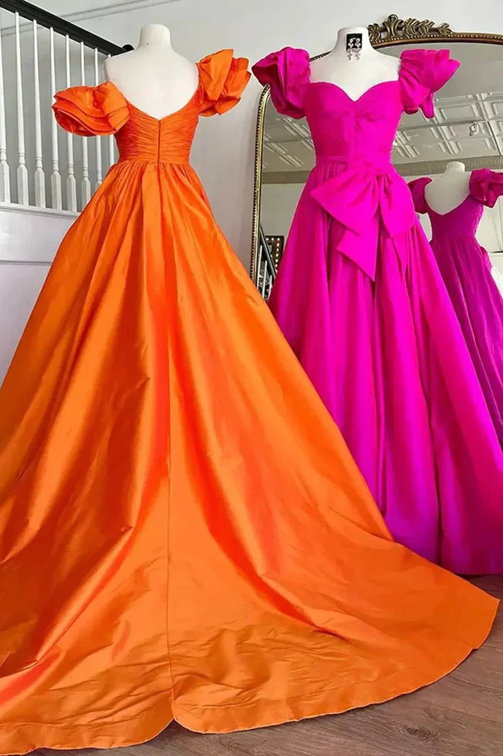 Elegant Orange A-Line Off The Shoulder Long Satin Prom Dress with Bowknot