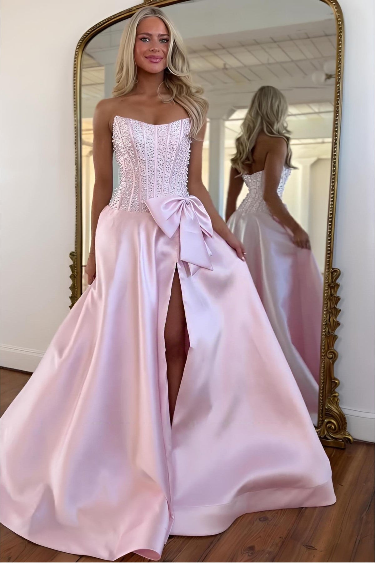 Charming A Line Strapless Yellow Satin Prom Dress with Beading Bowknot - View 12 | VelvetHem