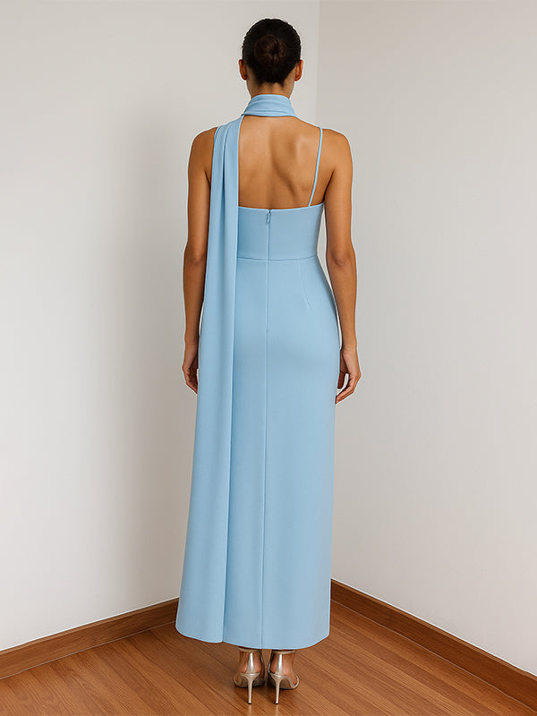 Elegant Blue Strapless Pleated Maxi Dress With Slit