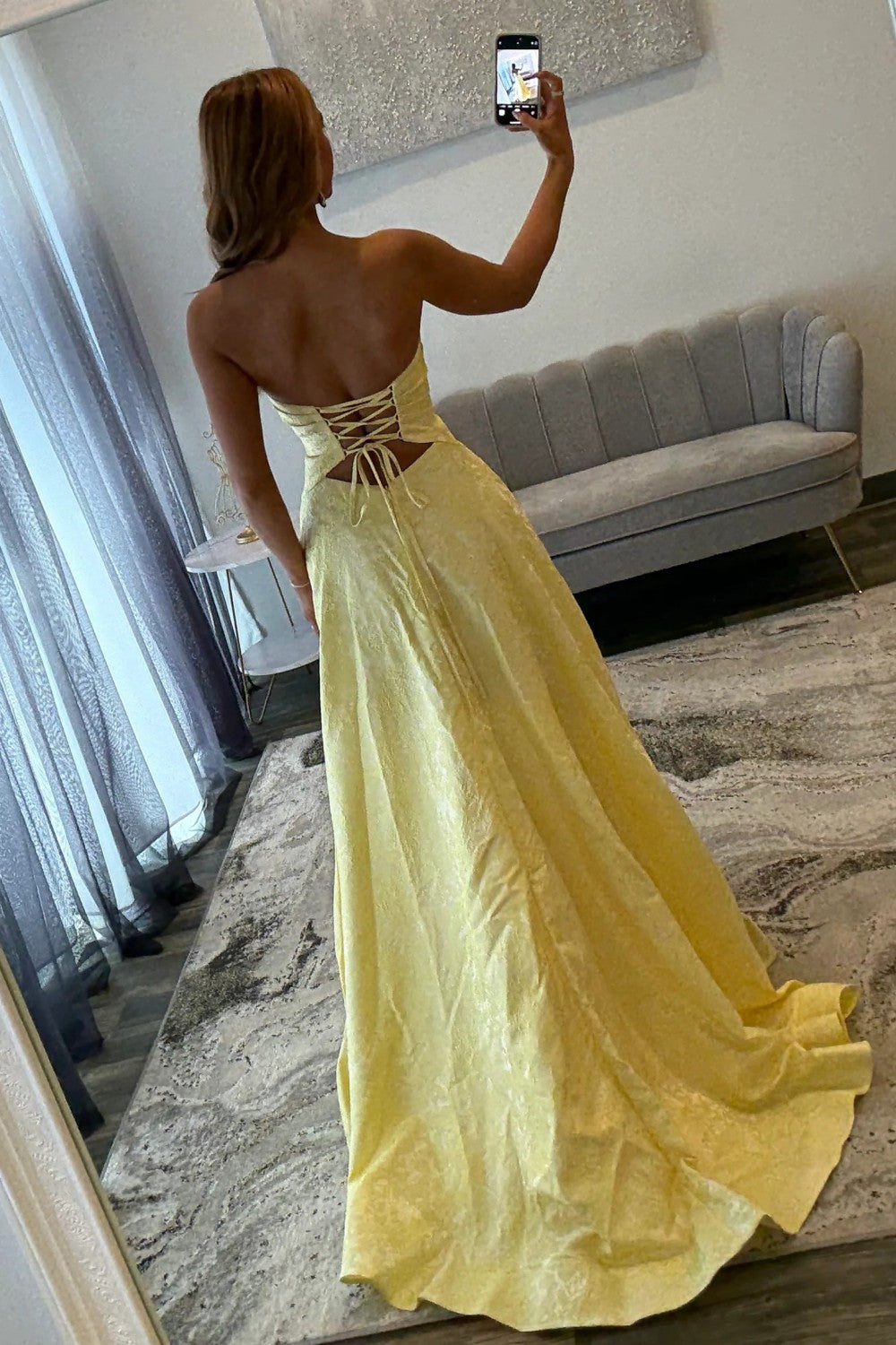 Sparkly A Line Sweetheart Yellow Long Prom Dress with Keyhole