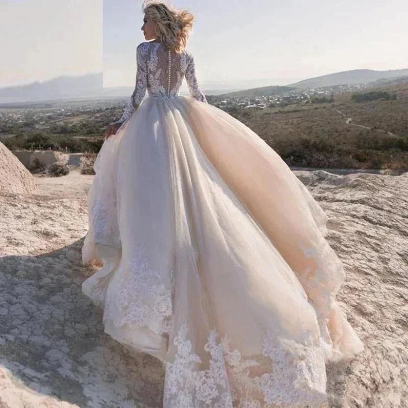 Elegent Travel Vestidos De Novia Appliques Vestido De Noiva Long Sleeves Wedding Dresses Lace Robe De Mariée (ZD14037)