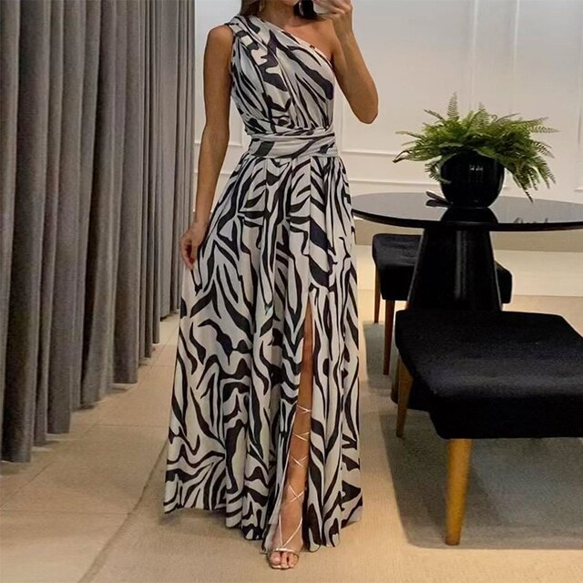 Naomi Zebra Print One-shoulder Maxi Dress for Women Brunch Outfit Idea