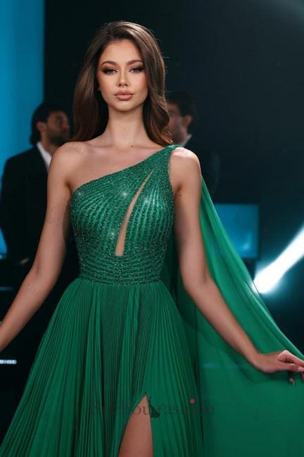 Emerald A Line Prom Dress One Shoulder Chiffon Beading Formal Dress With Slit