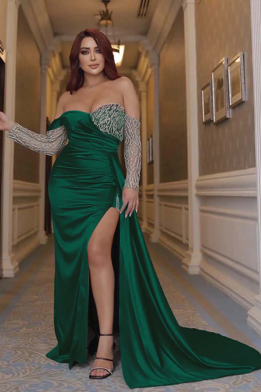 Emerald Green Prom Dress Off the Shoulder Long Sleeves Mermaid Evening Formal Dress With Beading Split