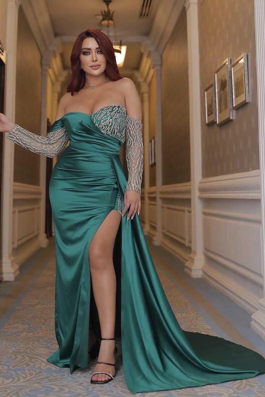 Emerald Green Prom Dress Off the Shoulder Long Sleeves Mermaid Evening Formal Dress With Beading Split