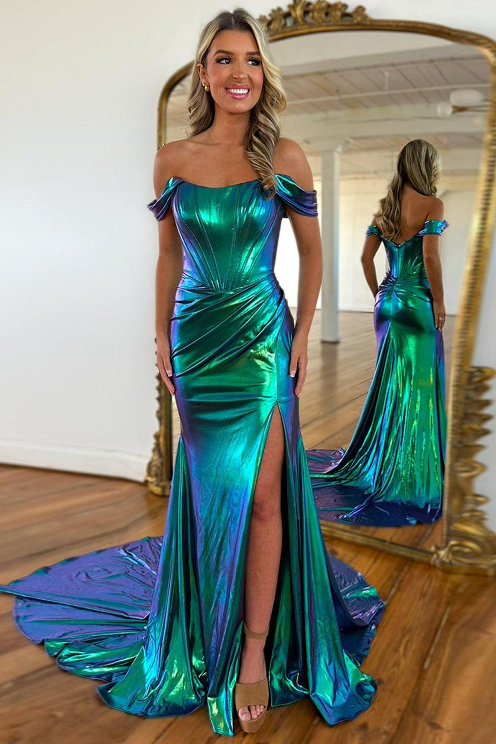 Emerald Green Prom Dress Ruched Corset Metallic Mermaid Formal Dress With Slit