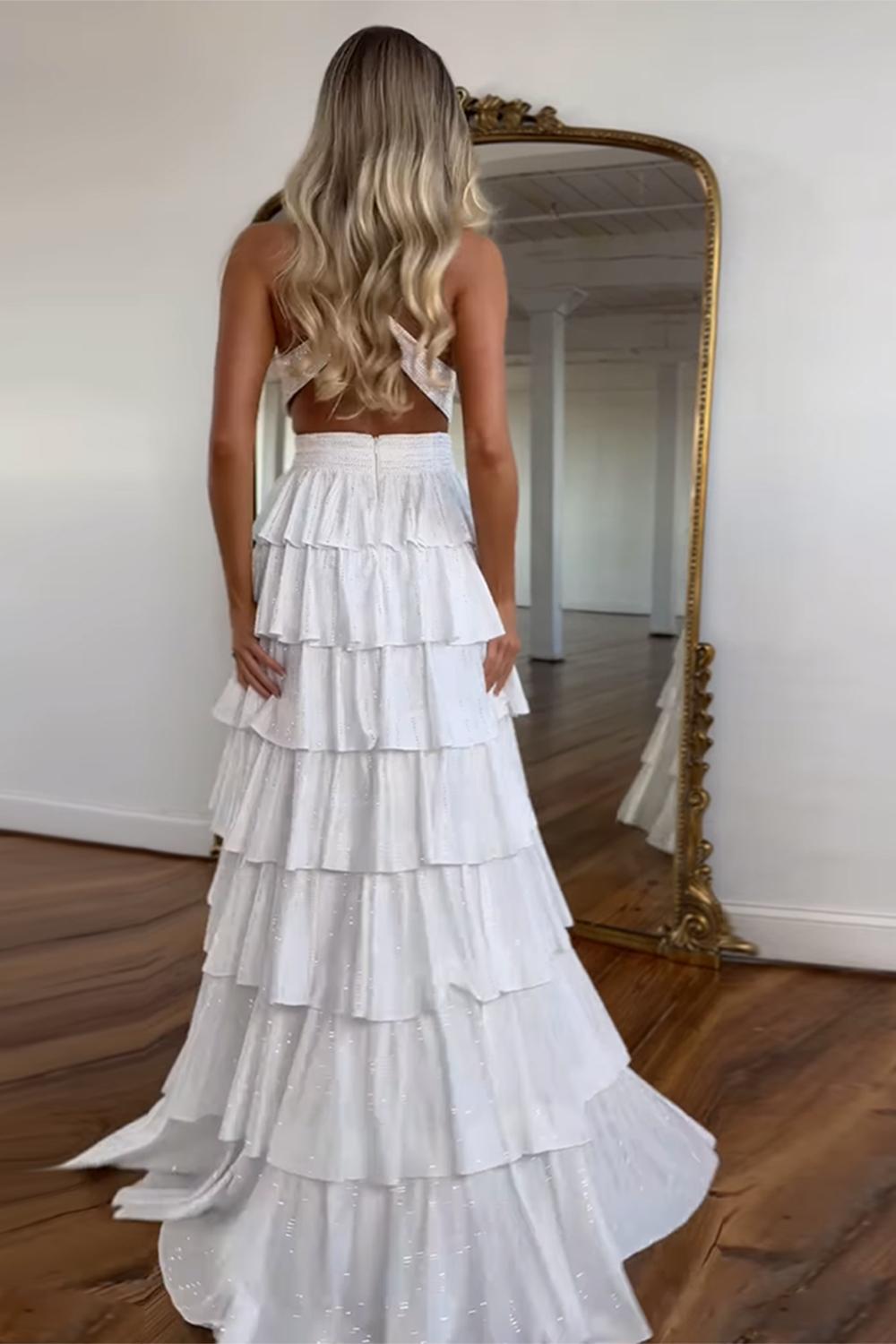 Emerald Green Prom Dress Tiered A-Line Halter Long Formal Dress With Slit