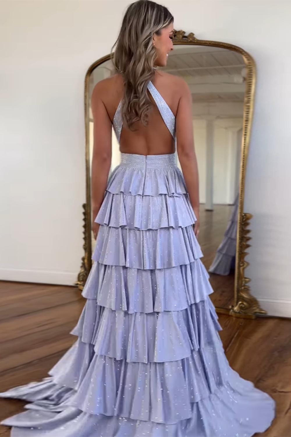Emerald Green Prom Dress Tiered A-Line Halter Long Formal Dress With Slit
