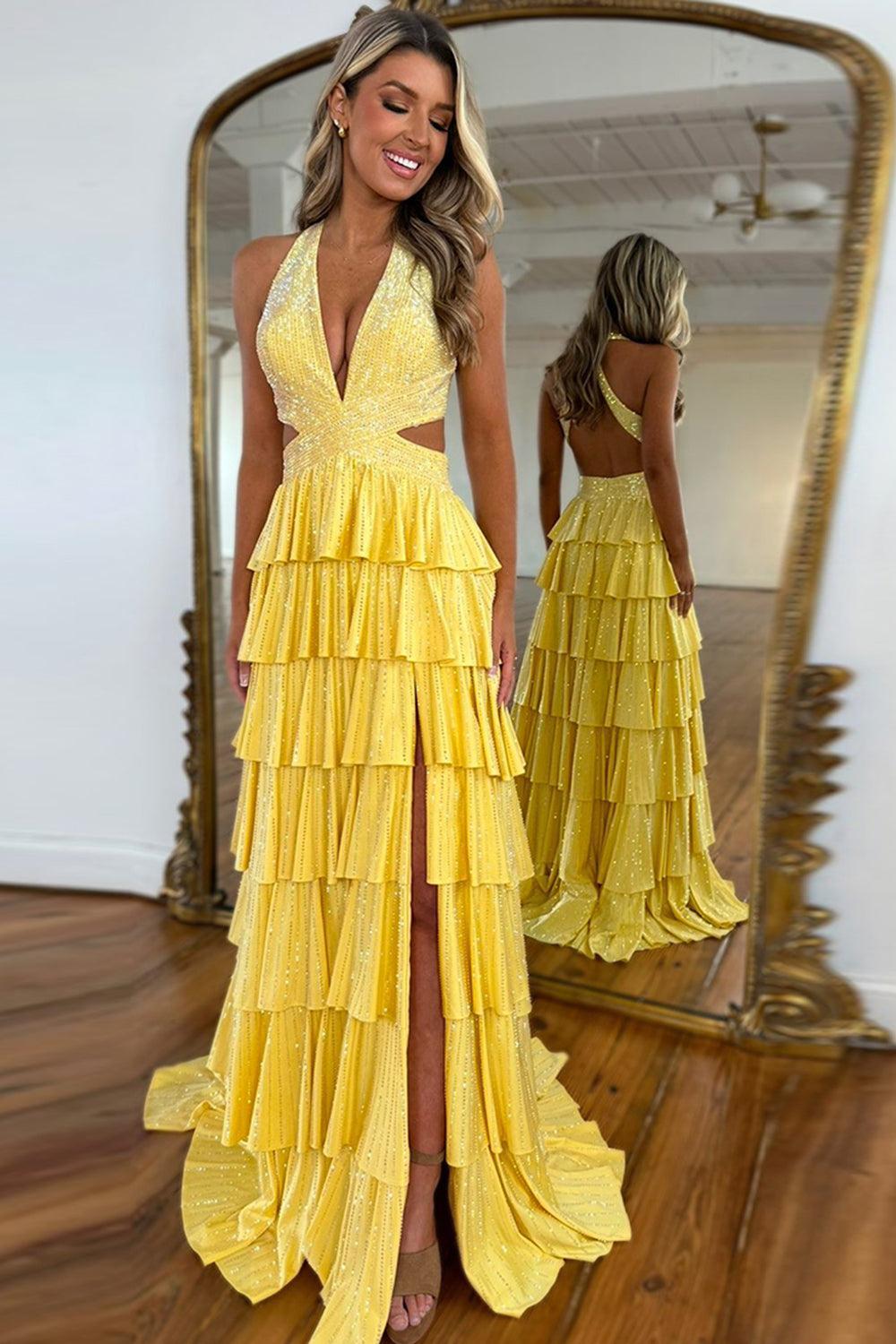 Emerald Green Prom Dress Tiered A-Line Halter Long Formal Dress With Slit